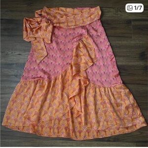 Never Fully Dressed Pink and Orange Printed Ruffle Wrap Skirt